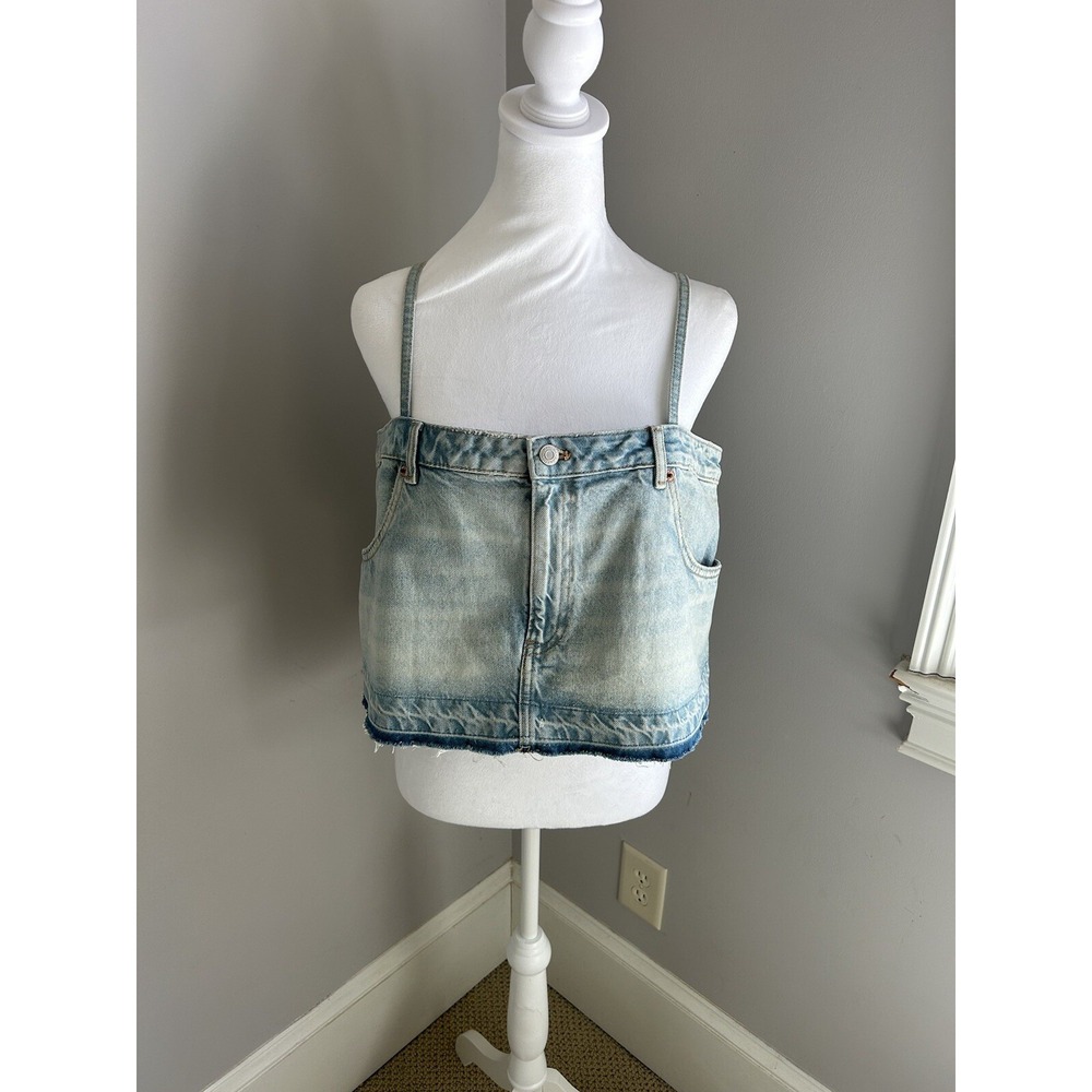 ZARA Denim Spaghetti Strap Jean Skirt Effect Crop Top Blue Women's L‎